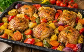 Нежная курица с запечёнными овощами без лишнего масла