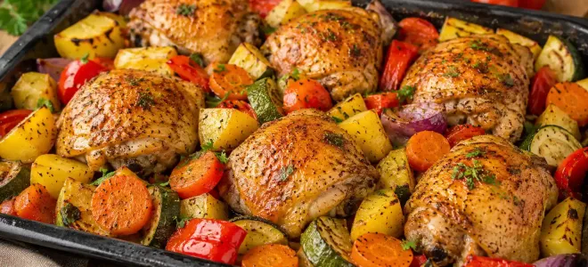 Нежная курица с запечёнными овощами без лишнего масла