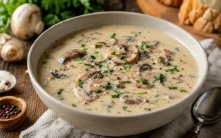 Нежный сливочный суп с шампиньонами и ароматной поджаркой