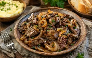 Куриная печень с луком на сковороде без горечи