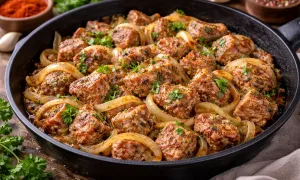 Свинина на сковороде с луком и специями