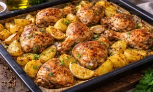 Как приготовить курицу с картошкой в духовке на противне