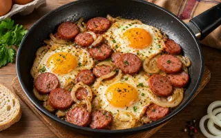 Яичница с колбасой и луком на каждый день
