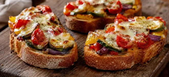 Хрустящие бутерброды с овощами и расплавленным сыром