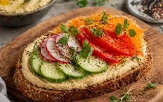 Хумус с овощами на хлебе простой полезный вариант