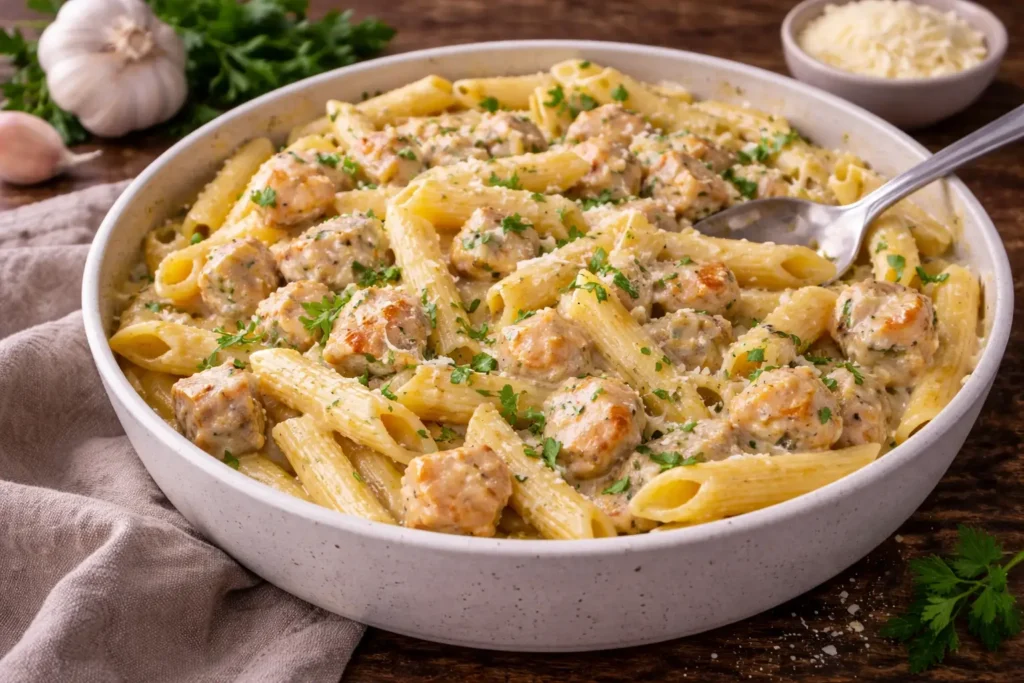 Макароны с курицей в сливочном соусе