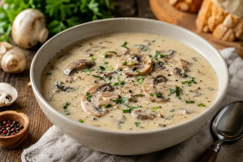 Нежный сливочный суп с шампиньонами и ароматной поджаркой